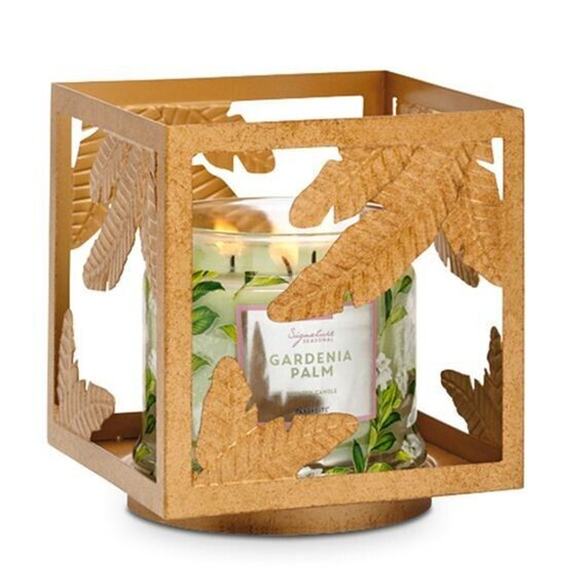 New Partylite Gold Square Metal Jar Candle Holder P92779 Leaves NIB - Picture 3 of 10